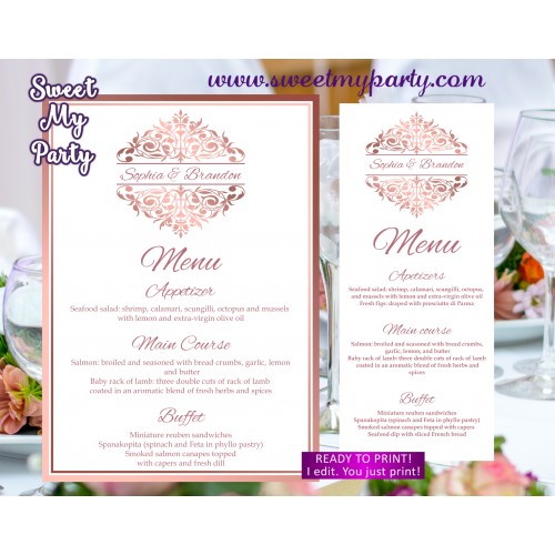 Rose gold menu cards printable,Rose gold wedding menu,(114)